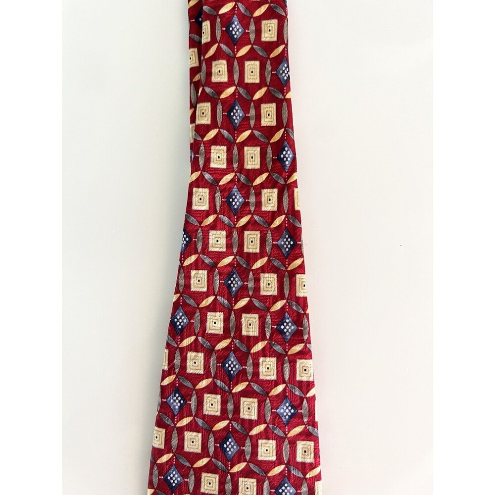 Jos A Bank Tie XL Silk Tie Geometric Red Blue Cream Gray 63 x 4 in Extra Long - Picture 9 of 11